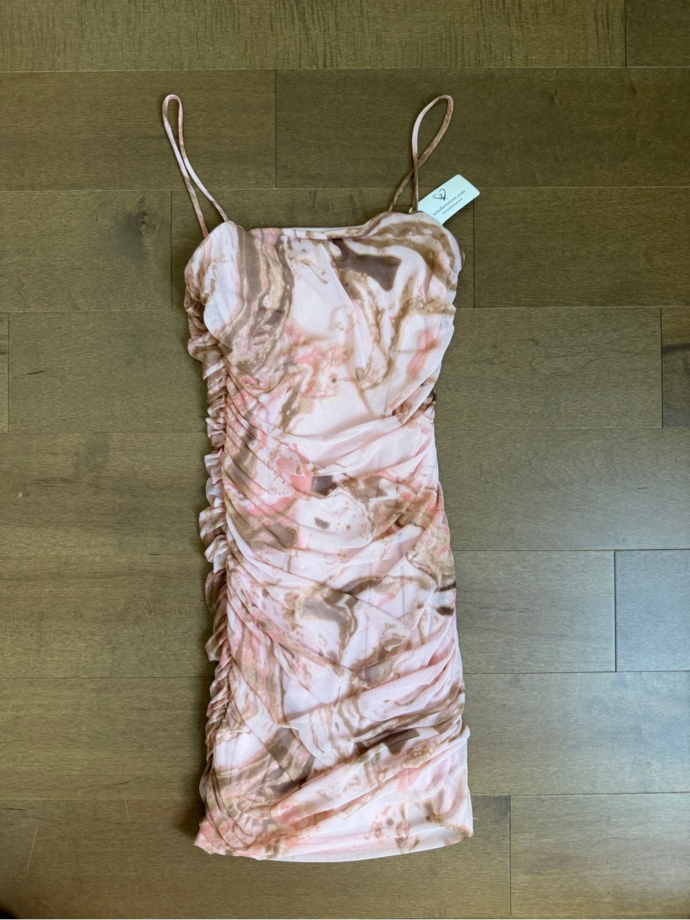 Windsor Pink and Brown Marble Ruched Spaghetti Strap Mini Dress